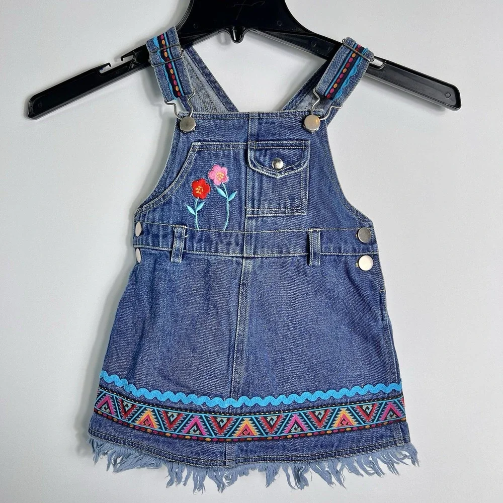 Toddler Girls Denim Jumper Dress Floral Embroidery Fringe Hem Aztec 2T‎